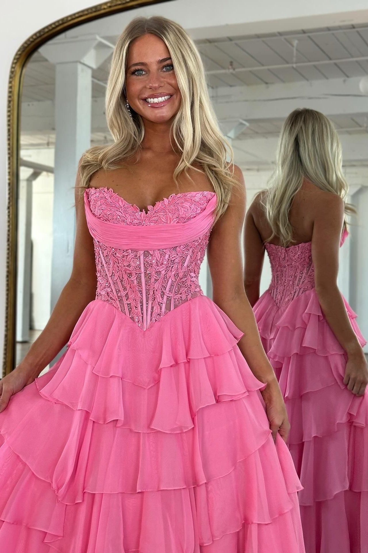 Princess A Line Sweetheart Pink Corset Prom Dress with Appliques Ruffles