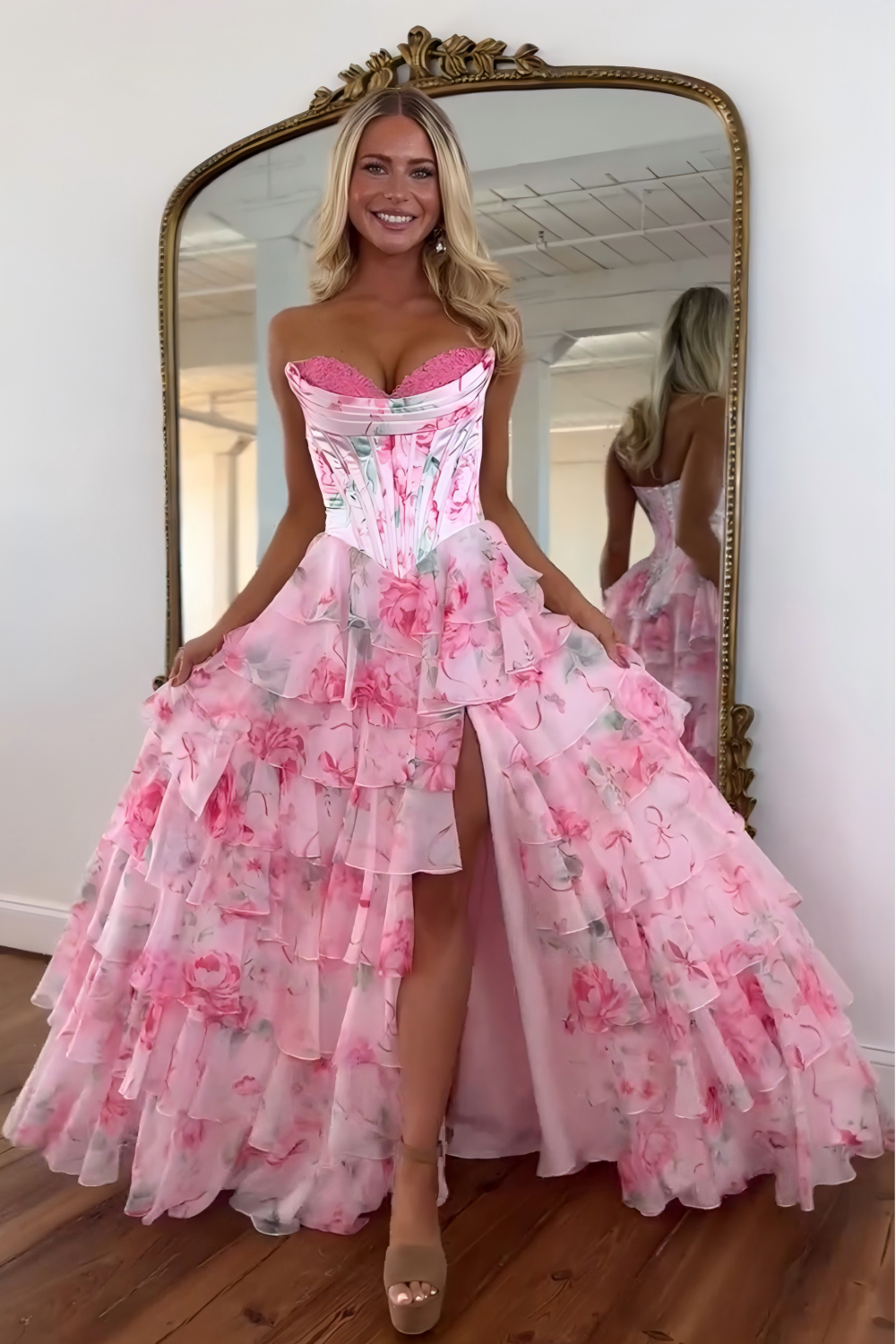 Princess A Line Sweetheart Pink Corset Prom Dress with Ruffles - View 6 | VelvetHem