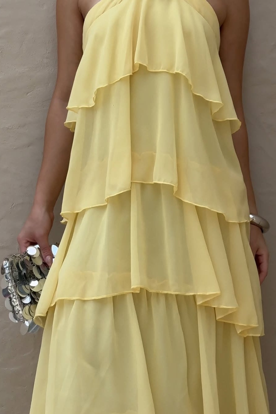 Princess A Line Halter Neck Pink Long Prom Dress with Ruffles