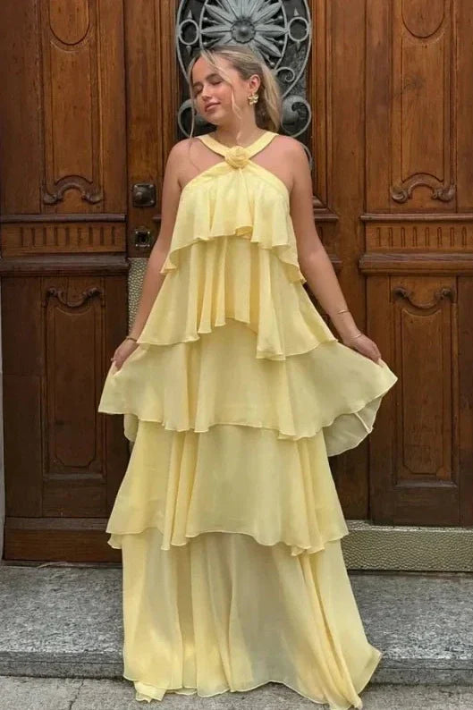 Princess A Line Halter Neck Pink Long Prom Dress with Ruffles
