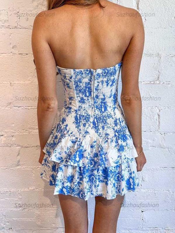 Suzhoufashion Print Strapless Ruffles Sleeveless Short Homecoming Dress
