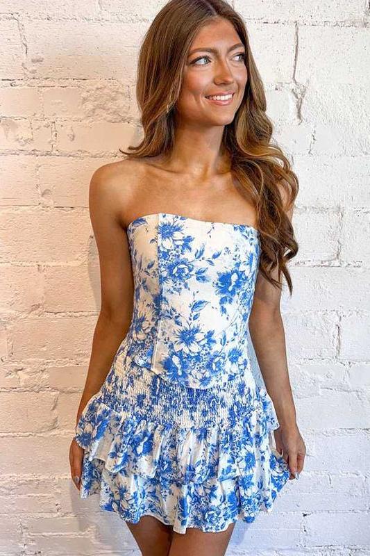 Suzhoufashion Print Strapless Ruffles Sleeveless Short Homecoming Dress