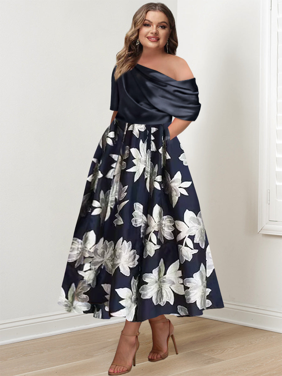 Printed Floral One Shoulder A Line Mother of the Bride Gown