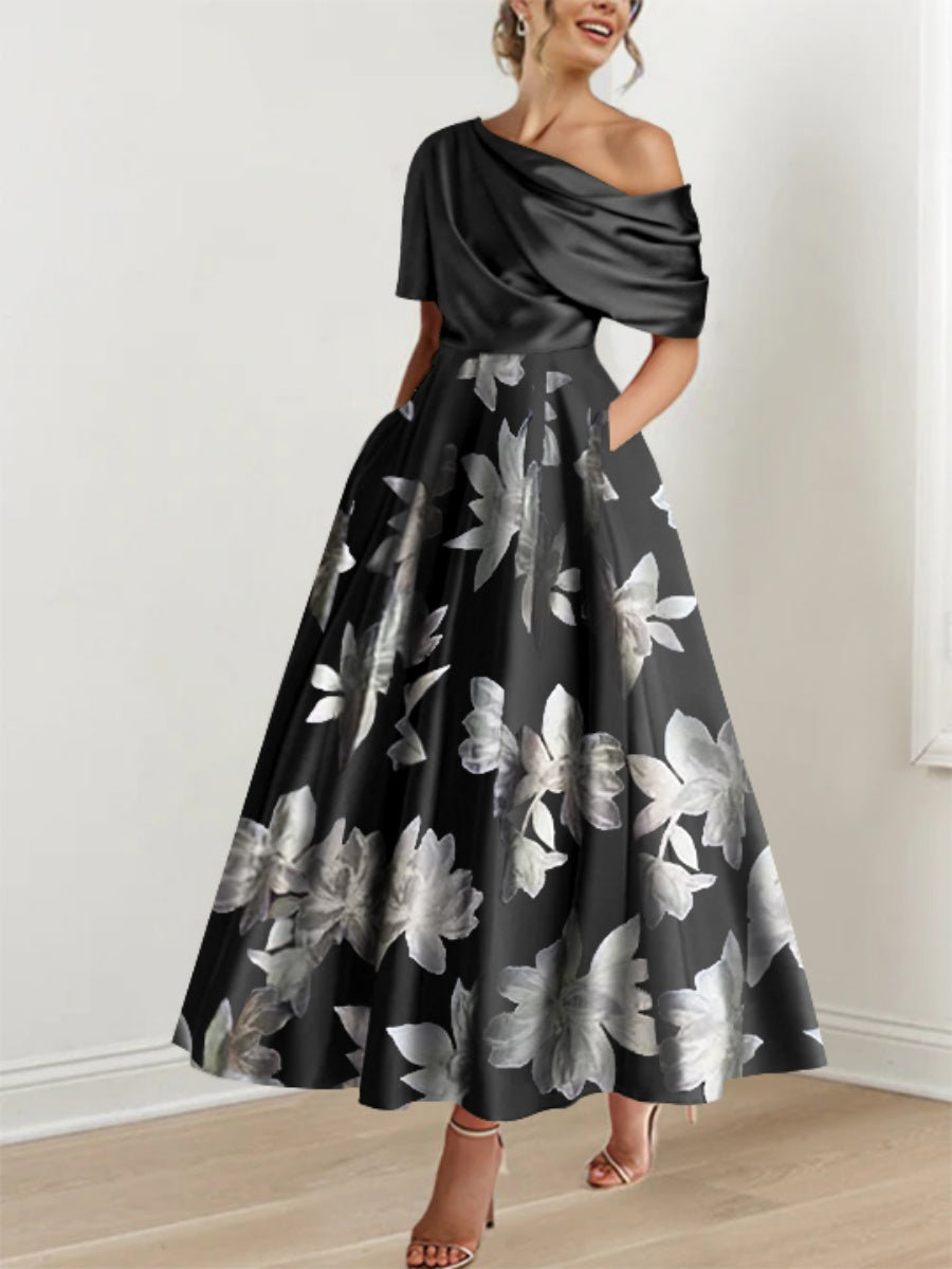 Printed Floral One Shoulder A Line Mother of the Bride Gown