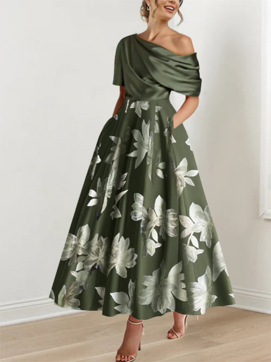 Printed Floral One Shoulder A Line Mother of the Bride Gown