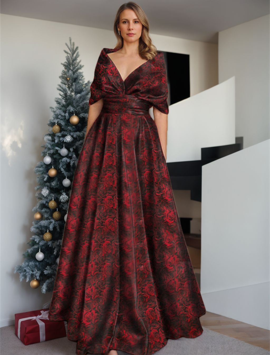 Printed Floral V Neck A Line Long Dress for Mother of the Bride & Groom