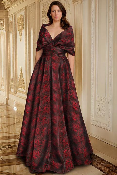 Printed Floral V Neck A Line Long Dress for Mother of the Bride & Groom