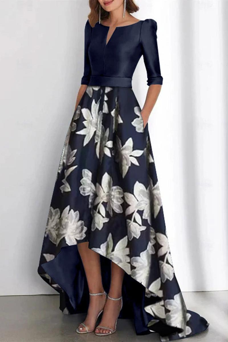 Printed Flower Asymmetrical A Line Boat Neck Dress for the Mother of the Bride & Groom