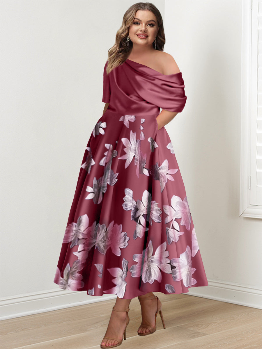 Printed Flower Plus Size Mother of the Bride A Line One Shoulder Dress