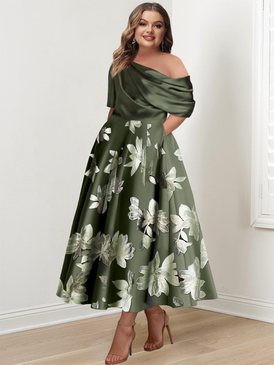 Printed Flower Plus Size Mother of the Bride A Line One Shoulder Dress