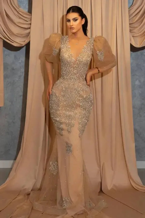 Puff Sleeves Prom Dress Lace Appliques Beaded Evening Formal Dress