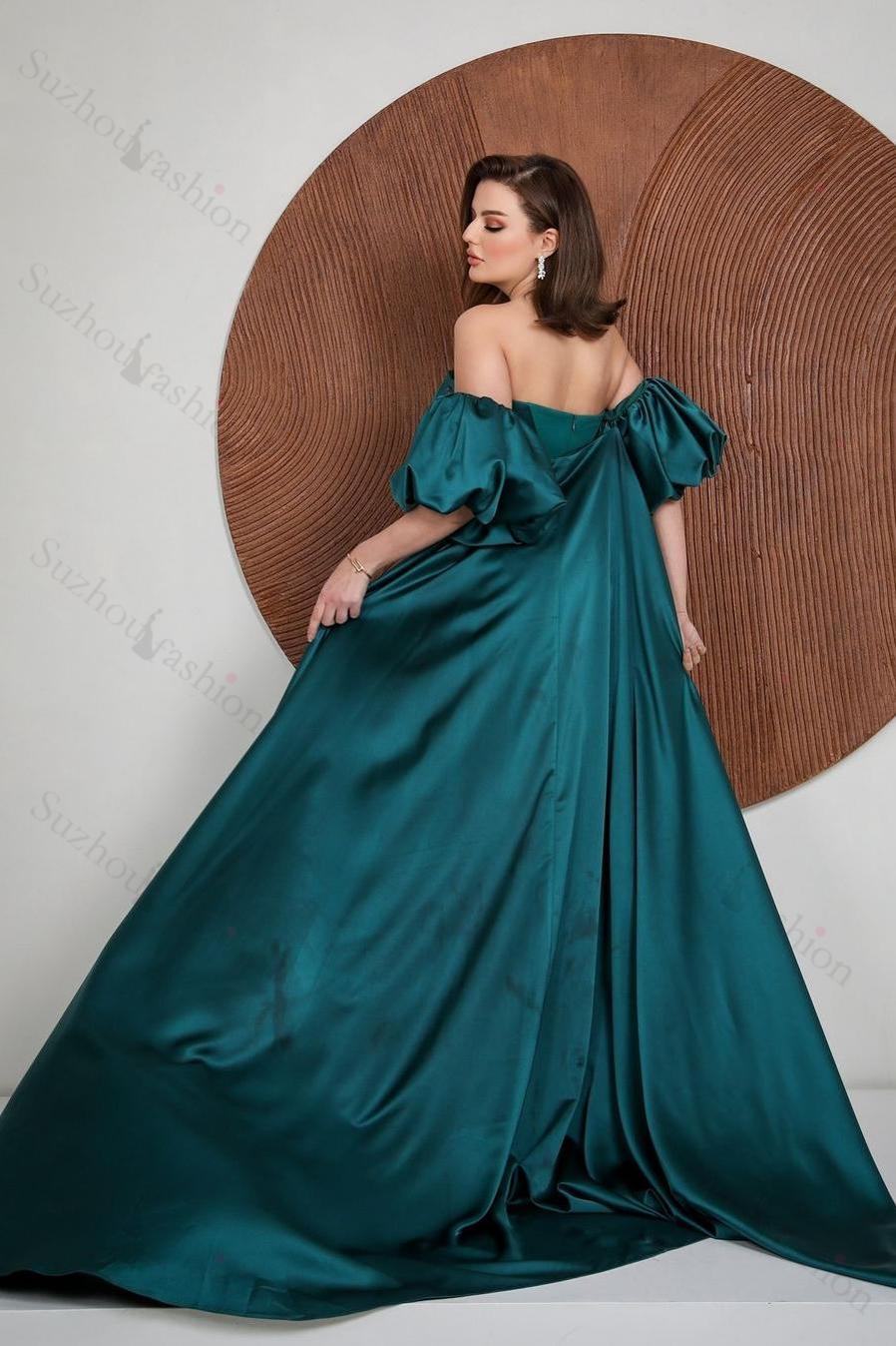 Puff Sleeves Strapless Long Pleated Mermaid Evening Formal Dress With Ruffled