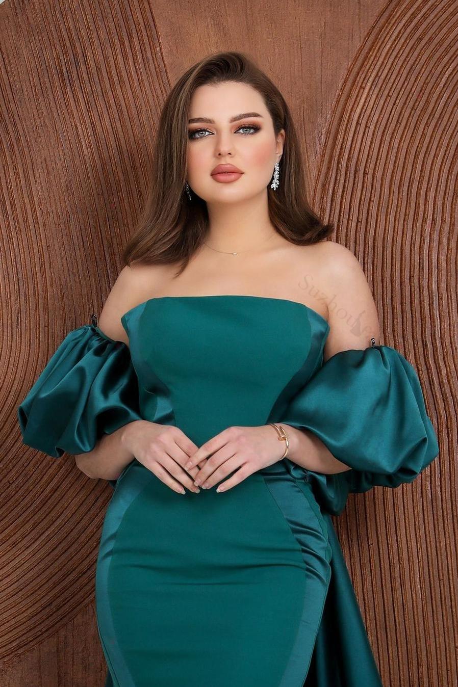 Puff Sleeves Strapless Long Pleated Mermaid Evening Formal Dress With Ruffled