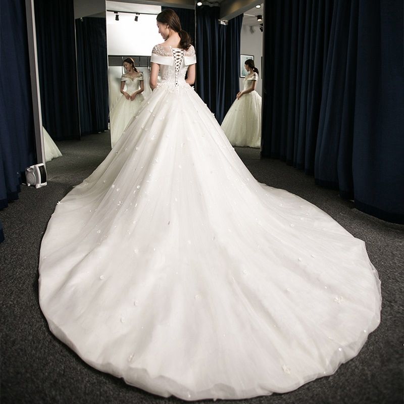 Puffy Lace-Applique Wedding Dresses  | Scoop Cap-Sleeves Exquisite Gowns