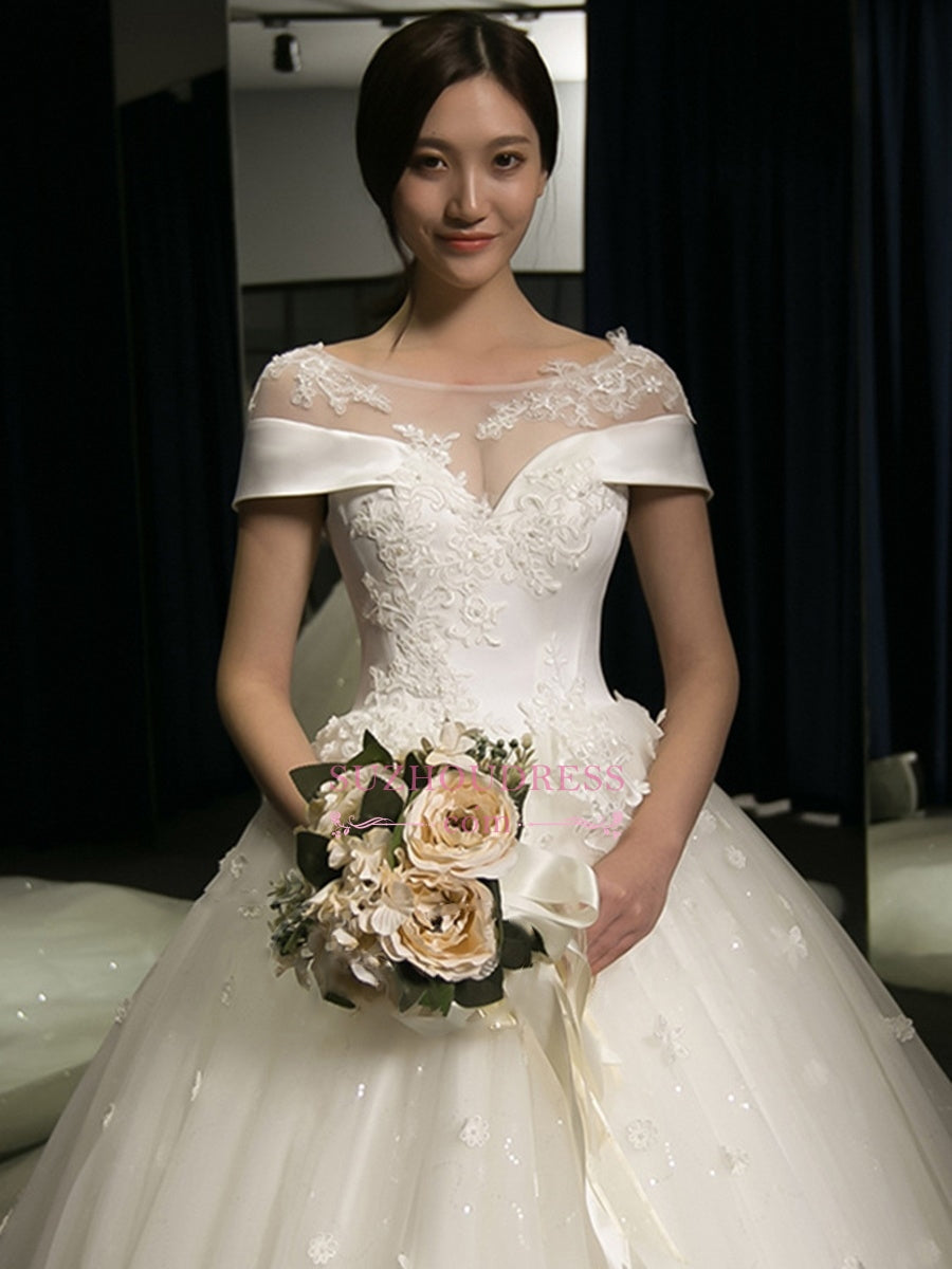 Puffy Lace-Applique Wedding Dresses  | Scoop Cap-Sleeves Exquisite Gowns