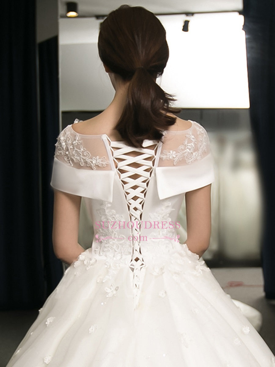 Puffy Lace-Applique Wedding Dresses  | Scoop Cap-Sleeves Exquisite Gowns