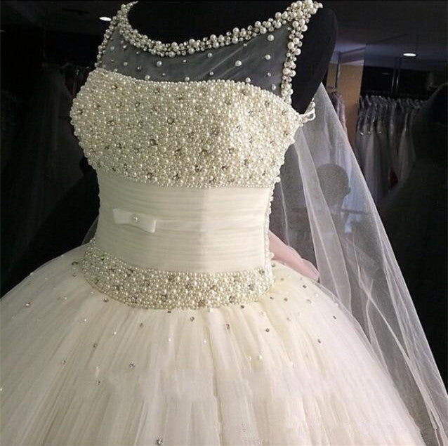 Puffy Tulle  Wedding Ball Gowns Beading Pearls Bridal Gown