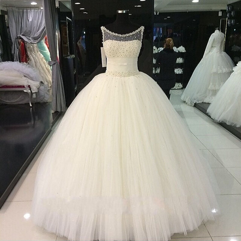 Puffy Tulle  Wedding Ball Gowns Beading Pearls Bridal Gown