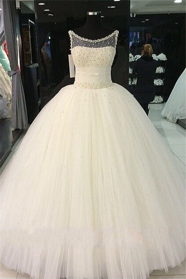Puffy Tulle  Wedding Ball Gowns Beading Pearls Bridal Gown