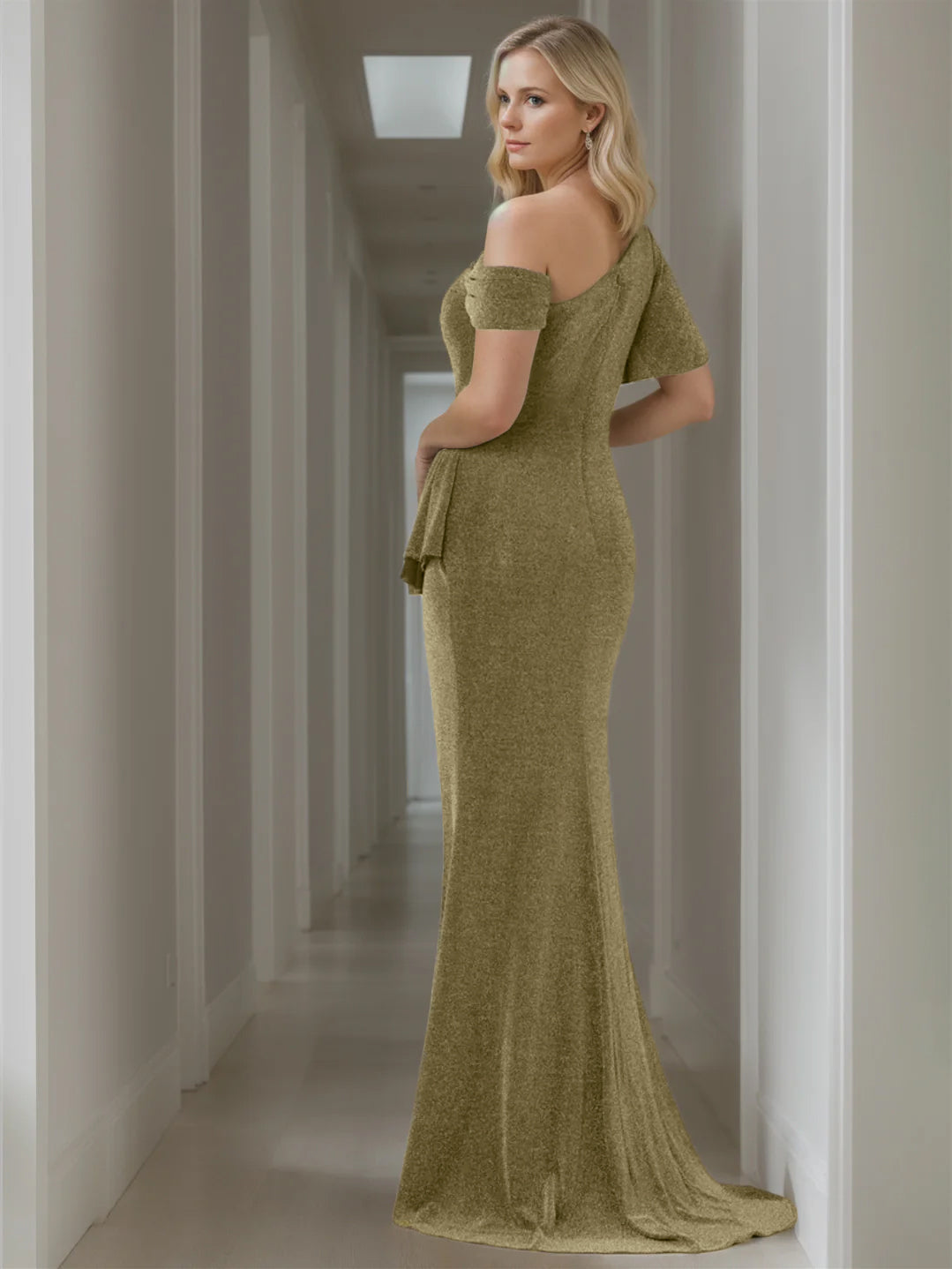 Pure Color Off the Shoulder Mermaid Trumpet Long Mother of the Bride Dress With Short Sleeves