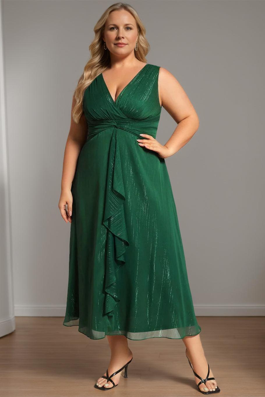 Pure Color Tea Length Mother of the Bride Dress with V Neck and A Line Silhouette