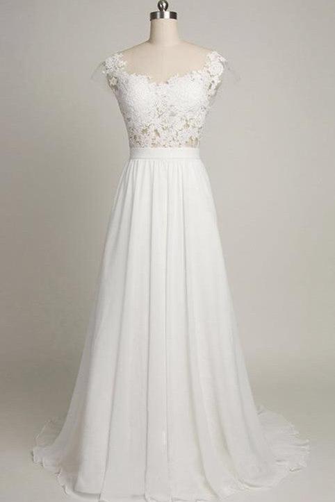 Pure White Beach Wedding Dress Lace Chiffon Open Back Bridal Shower Dress BA4218