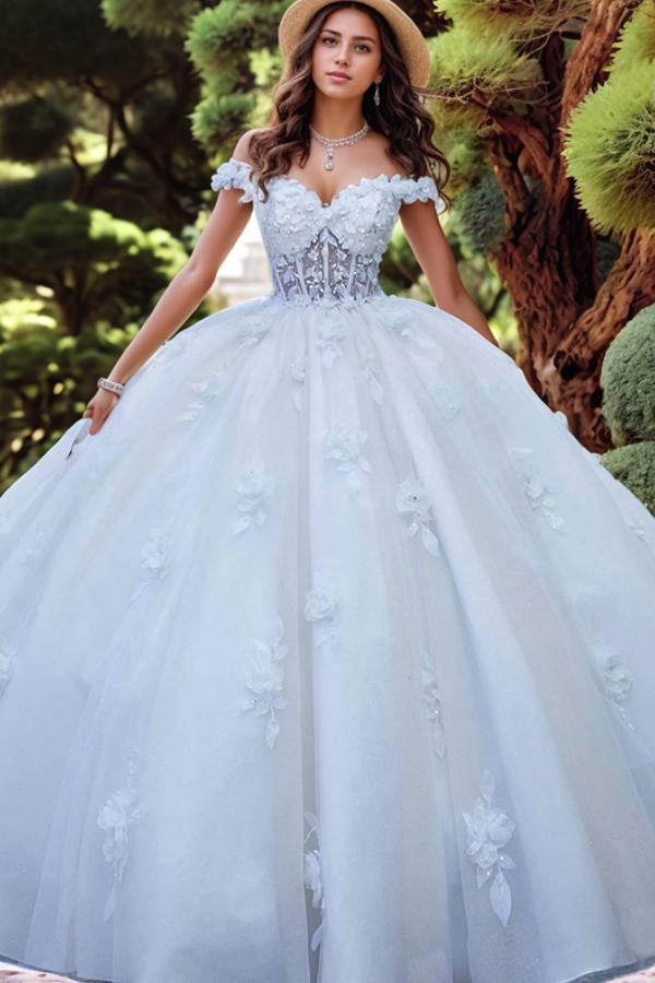 Purely Ball Gown Off Shoulder Sleeveless Beaded 3D Flower Appliques Lace Up Bow Knot White Tulle Quinceanera Dress Formal Evening Party Gown For Sweet 16