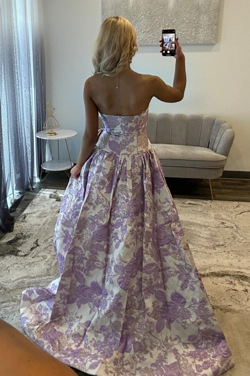 Purple Floral A-Line Strapless Long Prom Dress With Bow Formal Evening Gown