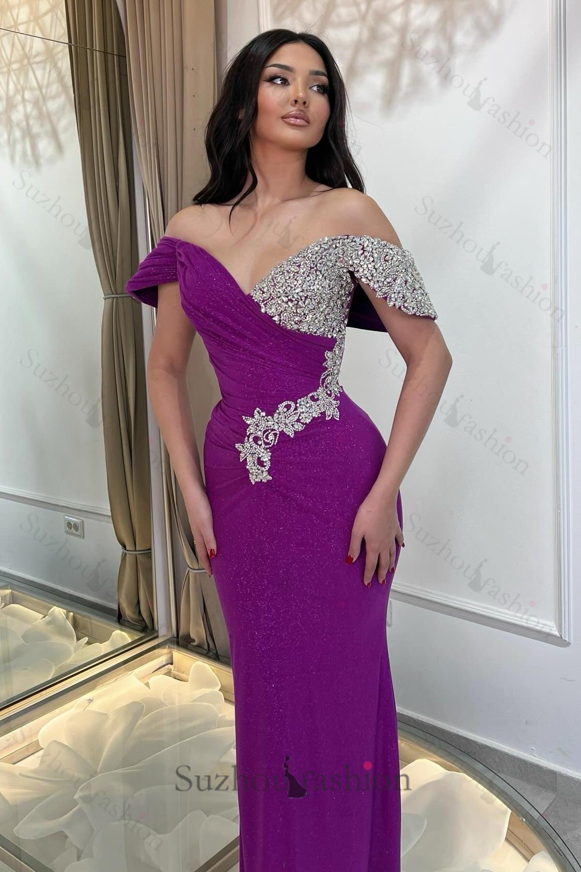 Purple Prom Dress Column V Neck Off The Shoulder Beaded Sleeveless Tulle Formal Dress With Rhinestone