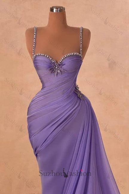 Purple Prom Dress Mermaid Sweetheart Spaghetti Strap Beaded Sleeveless Chiffon Formal Dress