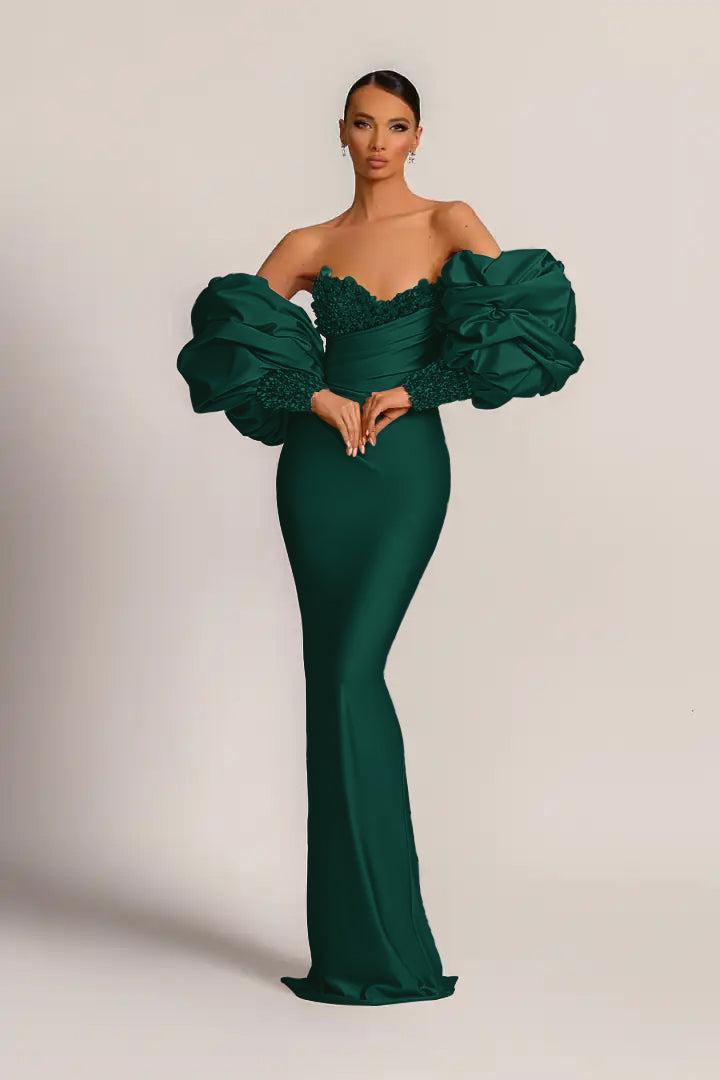 Purple Prom Dress Strapless Mermaid Long Evening Formal Dress With Appliques Puff Sleeves