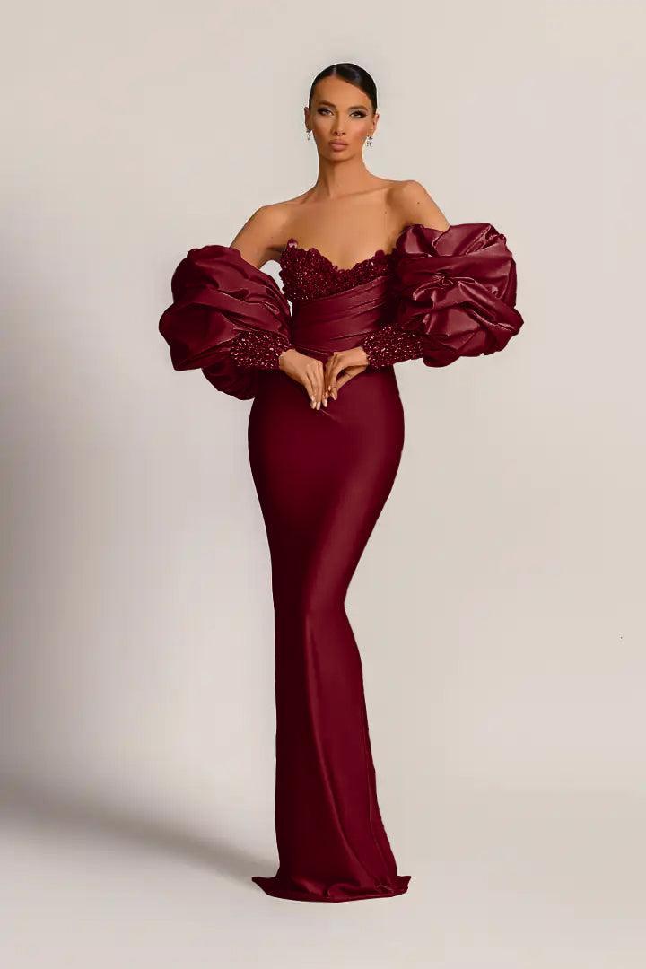 Purple Prom Dress Strapless Mermaid Long Evening Formal Dress With Appliques Puff Sleeves