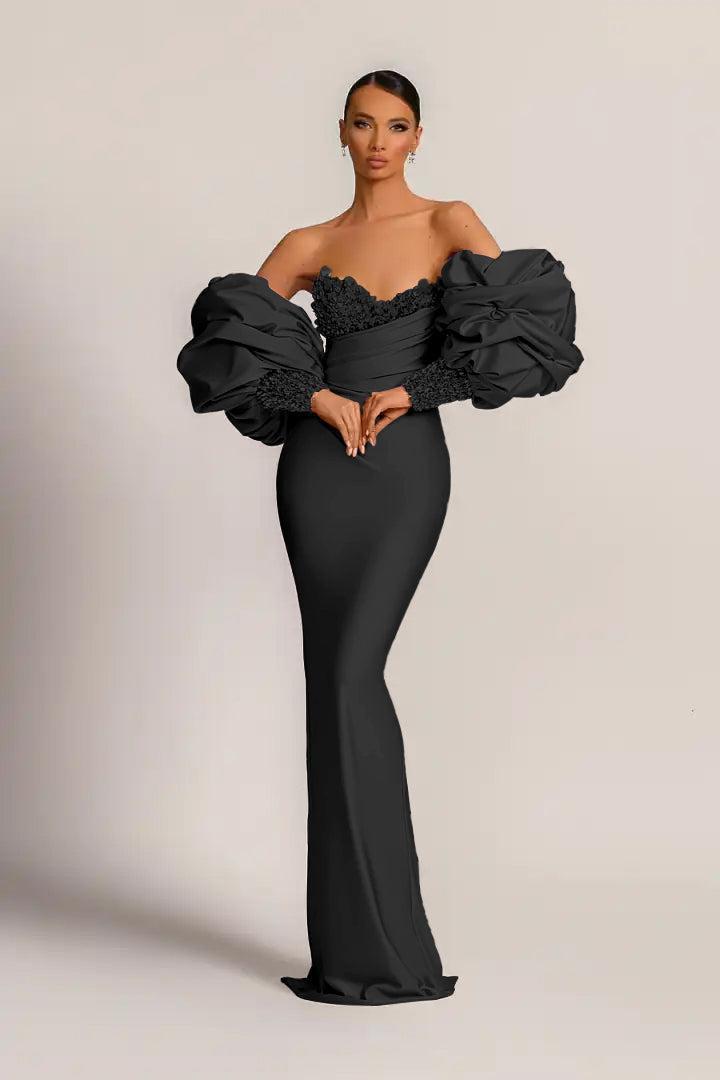 Purple Prom Dress Strapless Mermaid Long Evening Formal Dress With Appliques Puff Sleeves