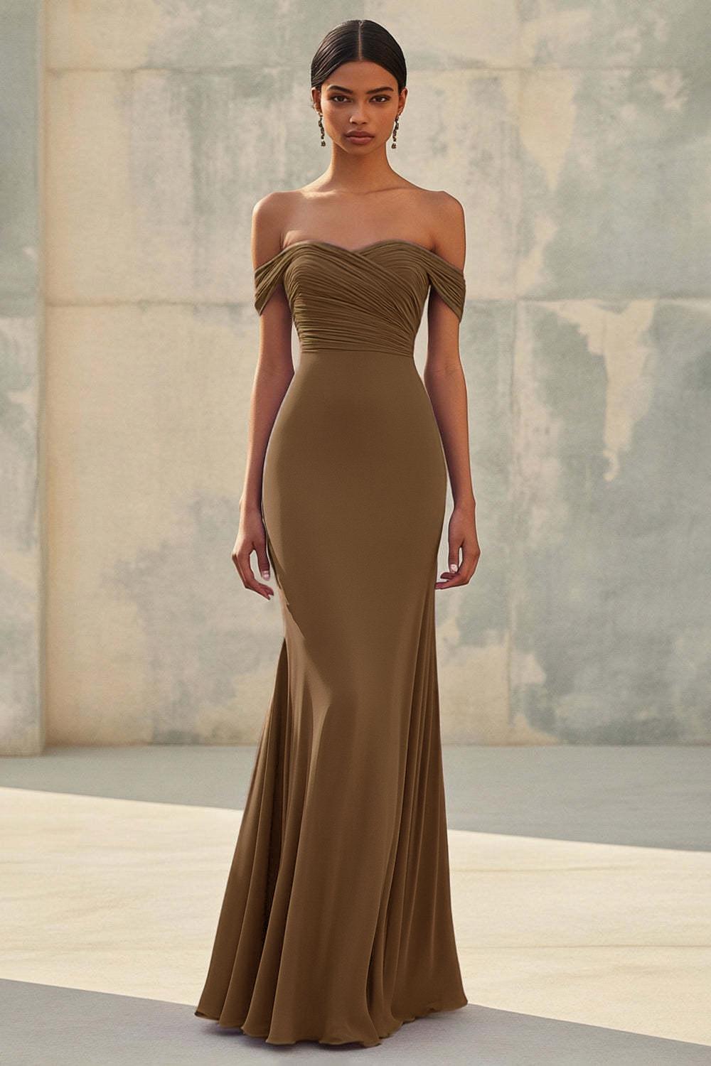 Purple Wedding Guest Dress Chiffon Mermaid Off The Shoulder Long Formal Dress With Ruch