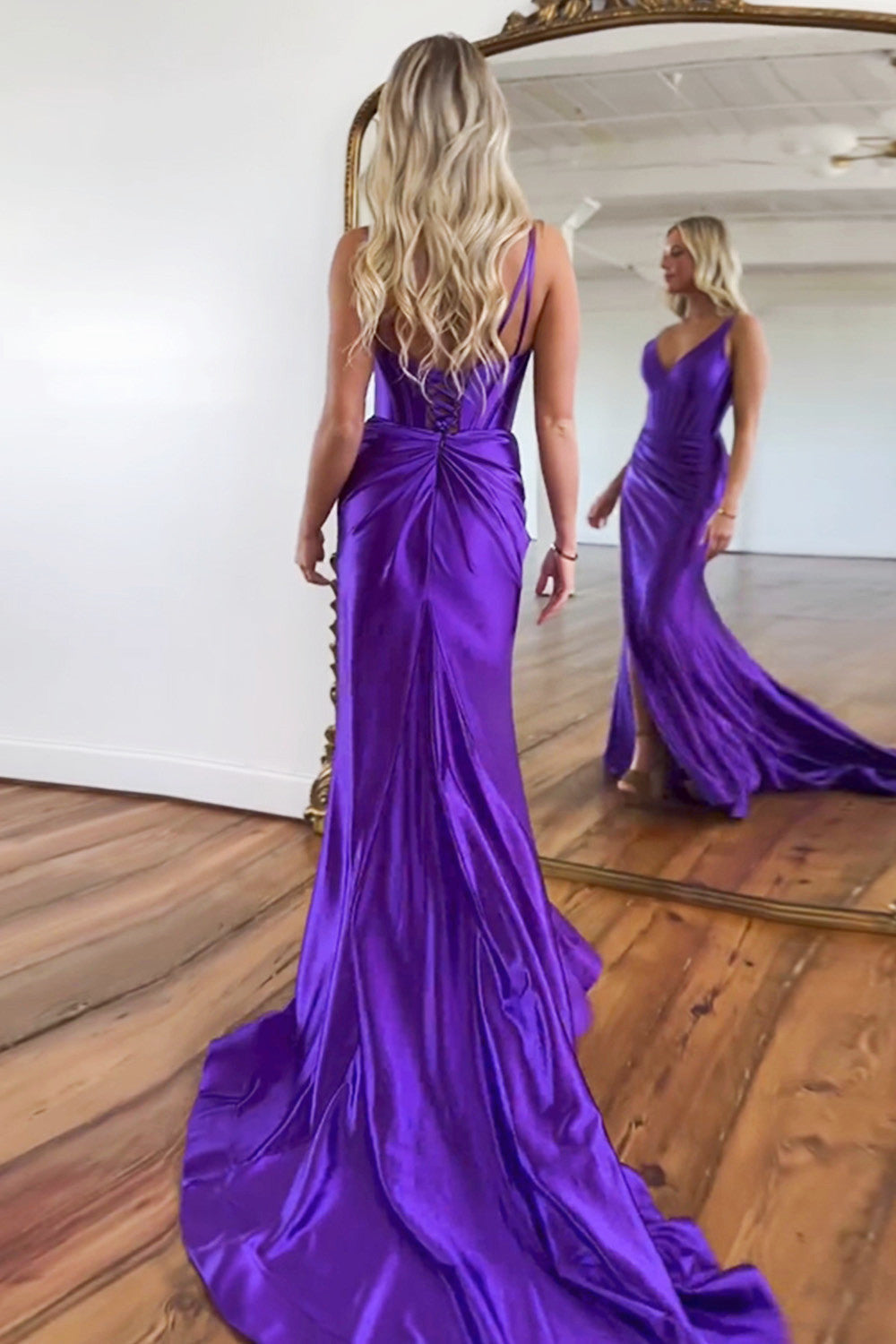 Purple Mermaid V-Neck Zipper Back Satin Long Prom Dress With Split - View 2 | VelvetHem