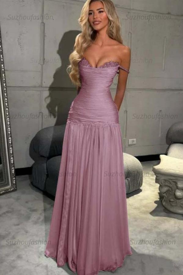 Off The Shoulder Prom Dress Sleeveless Pleated A Line Formal Evening Gown