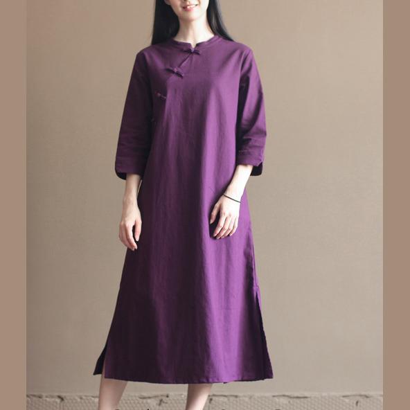 Purple cotton dresses bracelet sleeve linen dress plus size