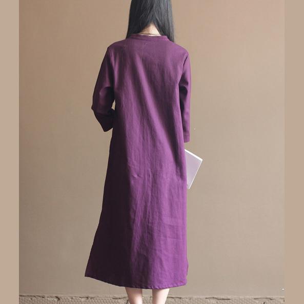 Purple cotton dresses bracelet sleeve linen dress plus size