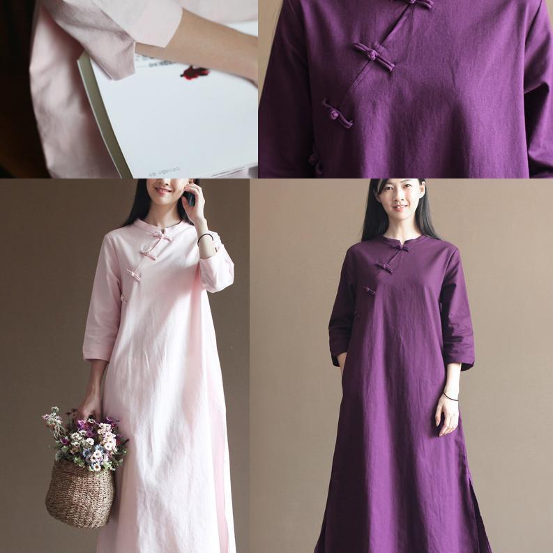 Purple cotton dresses bracelet sleeve linen dress plus size