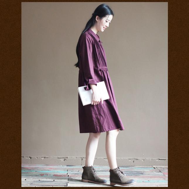 Purple linen dresses long sleeve cotton dress vintage style