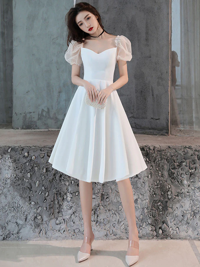 White Satin Short Prom Dress White Homecoming Dress Y2423 - VelvetHem