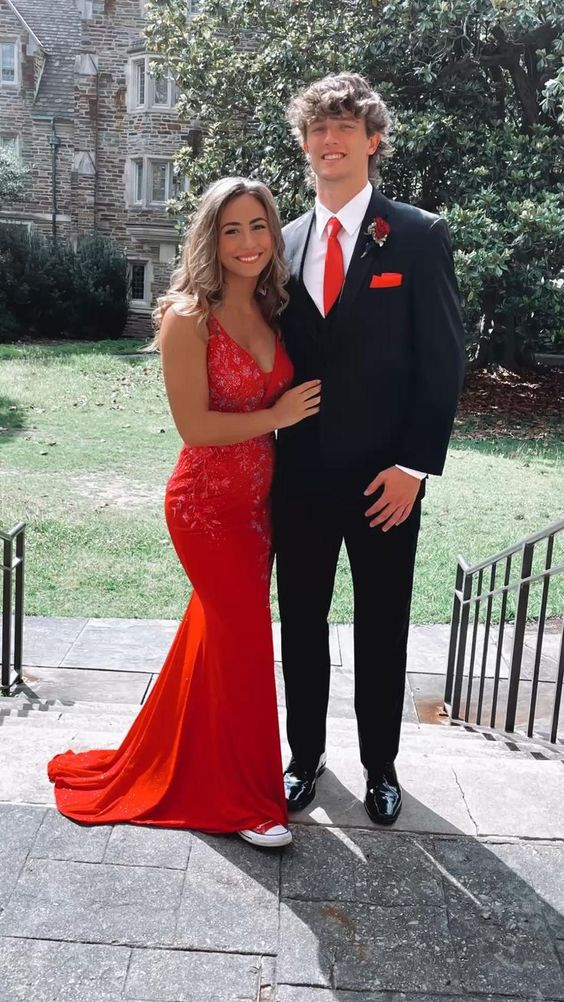 Elegant Red V Neck Mermaid Prom Dress,Red Formal Gown - VelvetHem