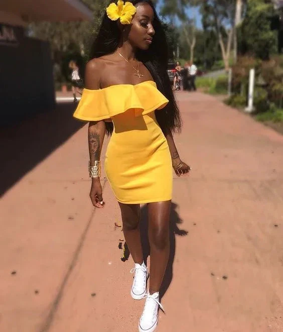 Yellow Off The Shoulder Party Dress Yellow Short Homecoming Dress Y2058 by simplepromdress