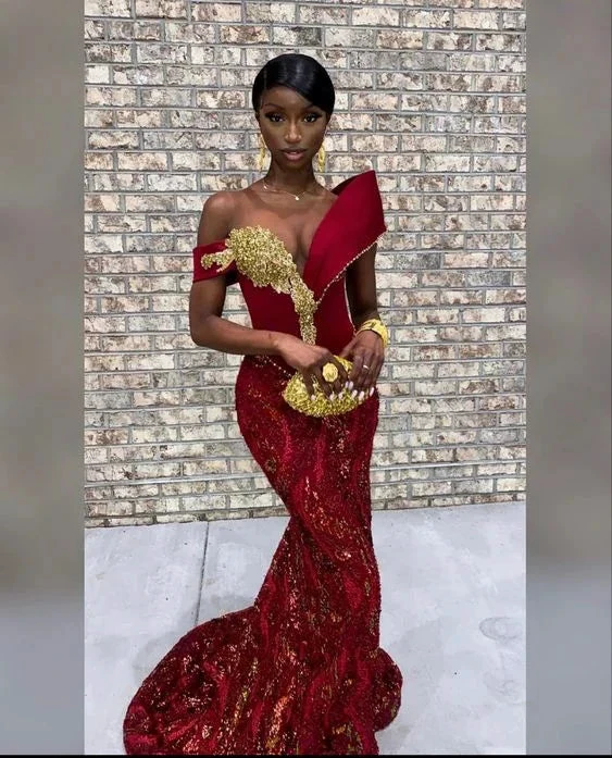 Burgundy African mermaid wedding dress, engagement dress, mermaid prom dress (ZD13692)