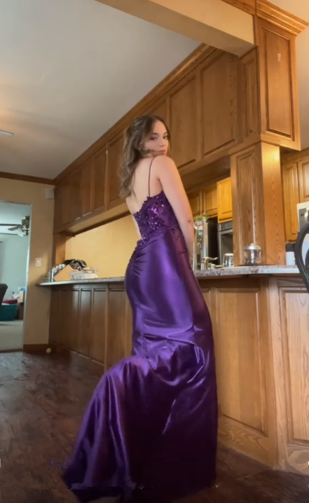 Gorgeous Purple Mermaid Lace Appliques Evening Dress Slit Long Prom Party Dress