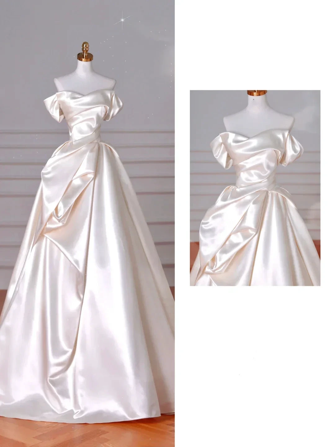Classy Off The Shoulder Satin Pleated A Line Prom Evening Dress,White Wedding Dress Y8633 by simplepromdress