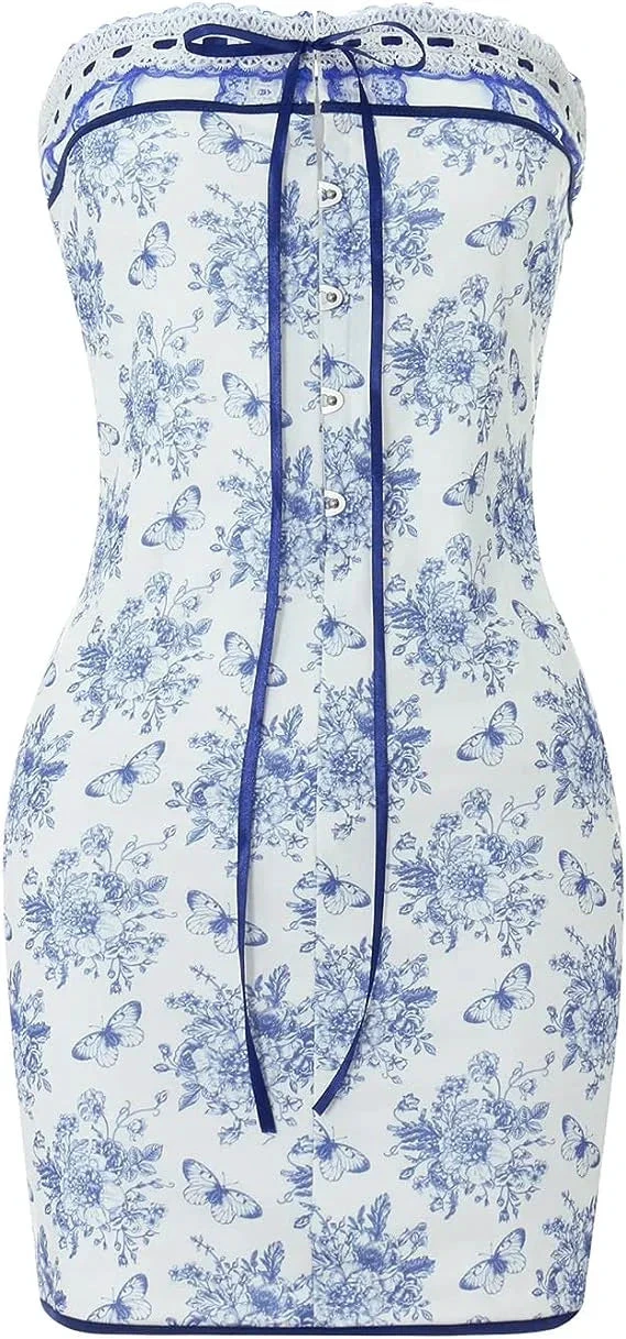 Blue Floral Corset Strapless Flower and Butterfly Mini Homecoming Dress (ZD11966)
