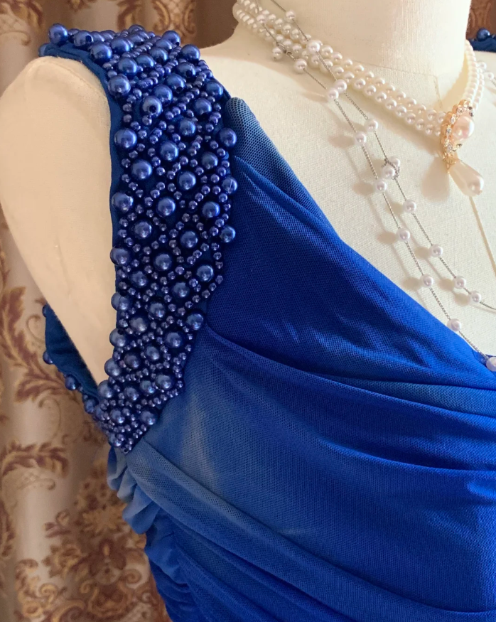 Sexy Royal Blue Tulle Pleated Beaded Mermaid Long Wedding Guest Dress Evening Dress - View 7 | VelvetHem