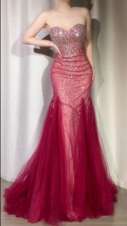 Sparkly Burgundy Strapless Tulle Beaded Mermaid Long Evening Dress Formal Birthday Party Dress - View 2 | VelvetHem