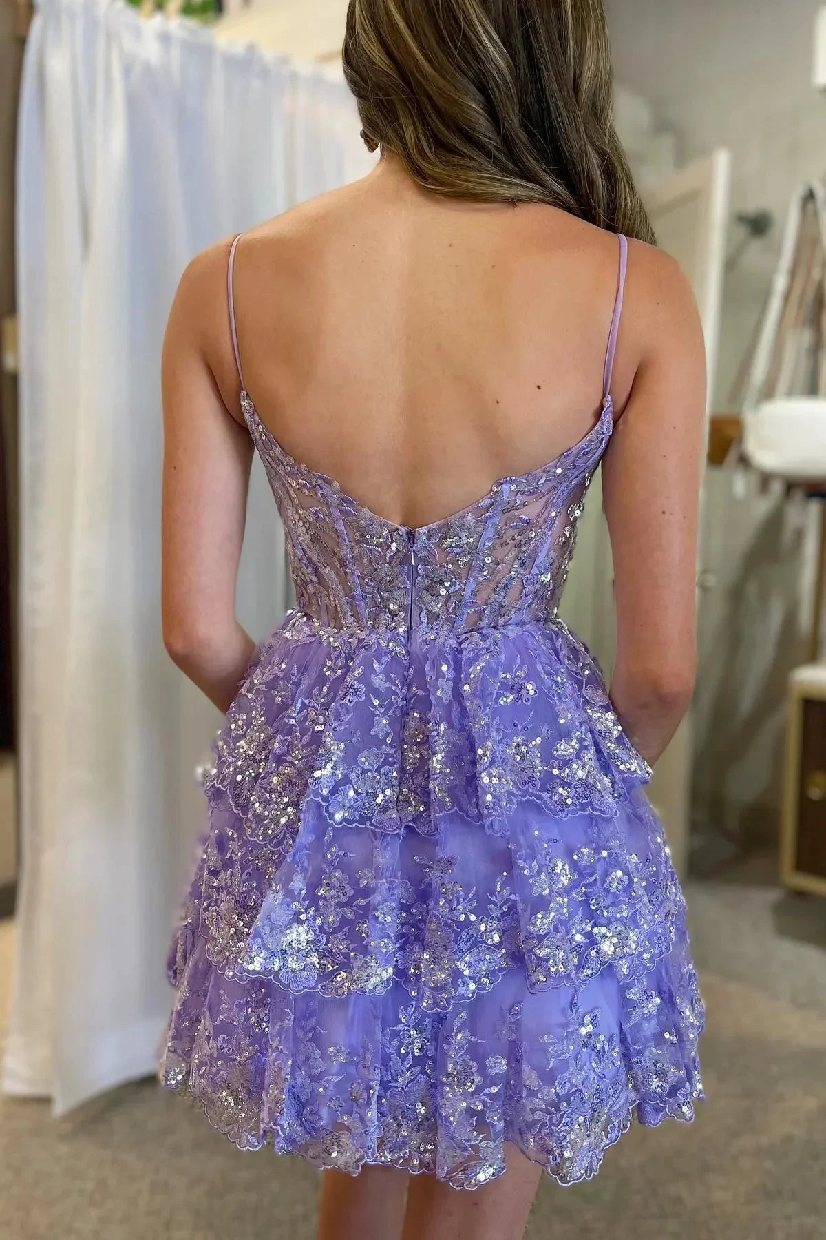 Lavender Straps Sequined Multi-Layers Tulle Homecoming Dress (ZD11855)